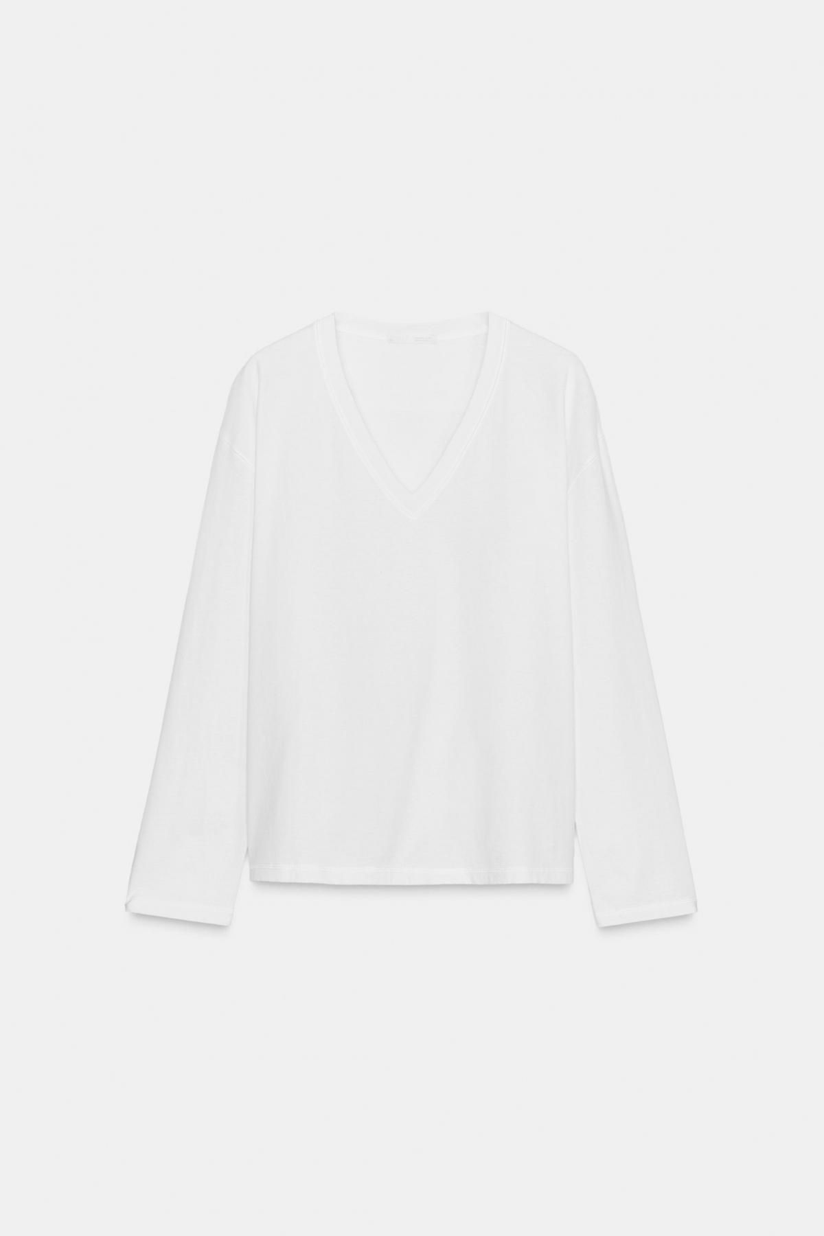 자라 베이직 브이넥 코튼 긴팔 티셔츠 0858/714 WHITE - 상품 이미지