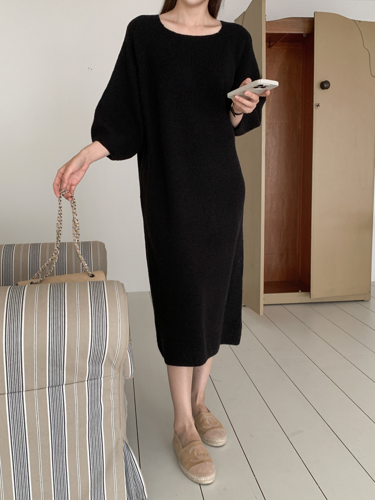 루즈핏 스퀘어넥 벌룬 하찌 H라인 벨트 여성 니트 롱 원피스 여자 겨울 원피스 그레이 블랙