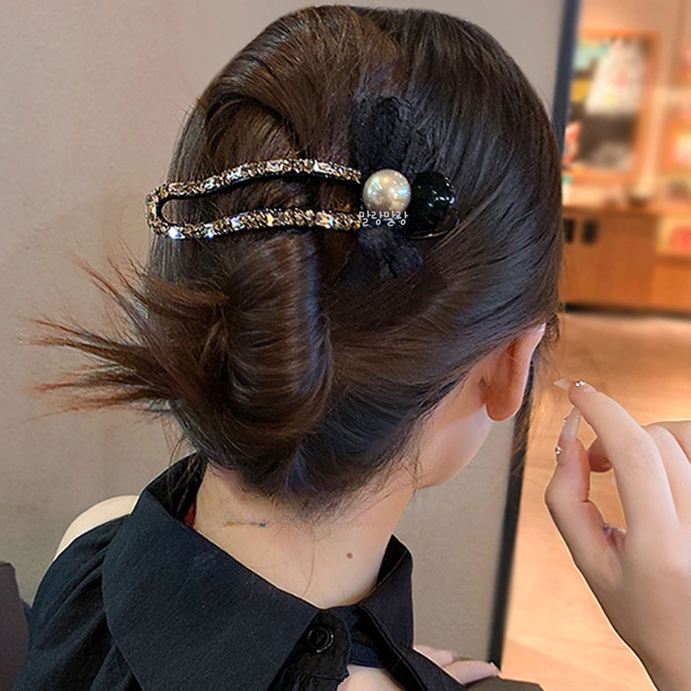 블랙 레이스 리본 악어집게핀 진주 큐빅 명품머리핀 - 상세 이미지 5