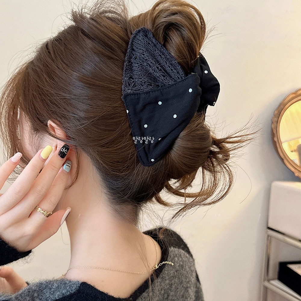 도트 그물 니트 리본집게핀 올림머리핀 예쁜 헤어핀 - 상세 이미지 4