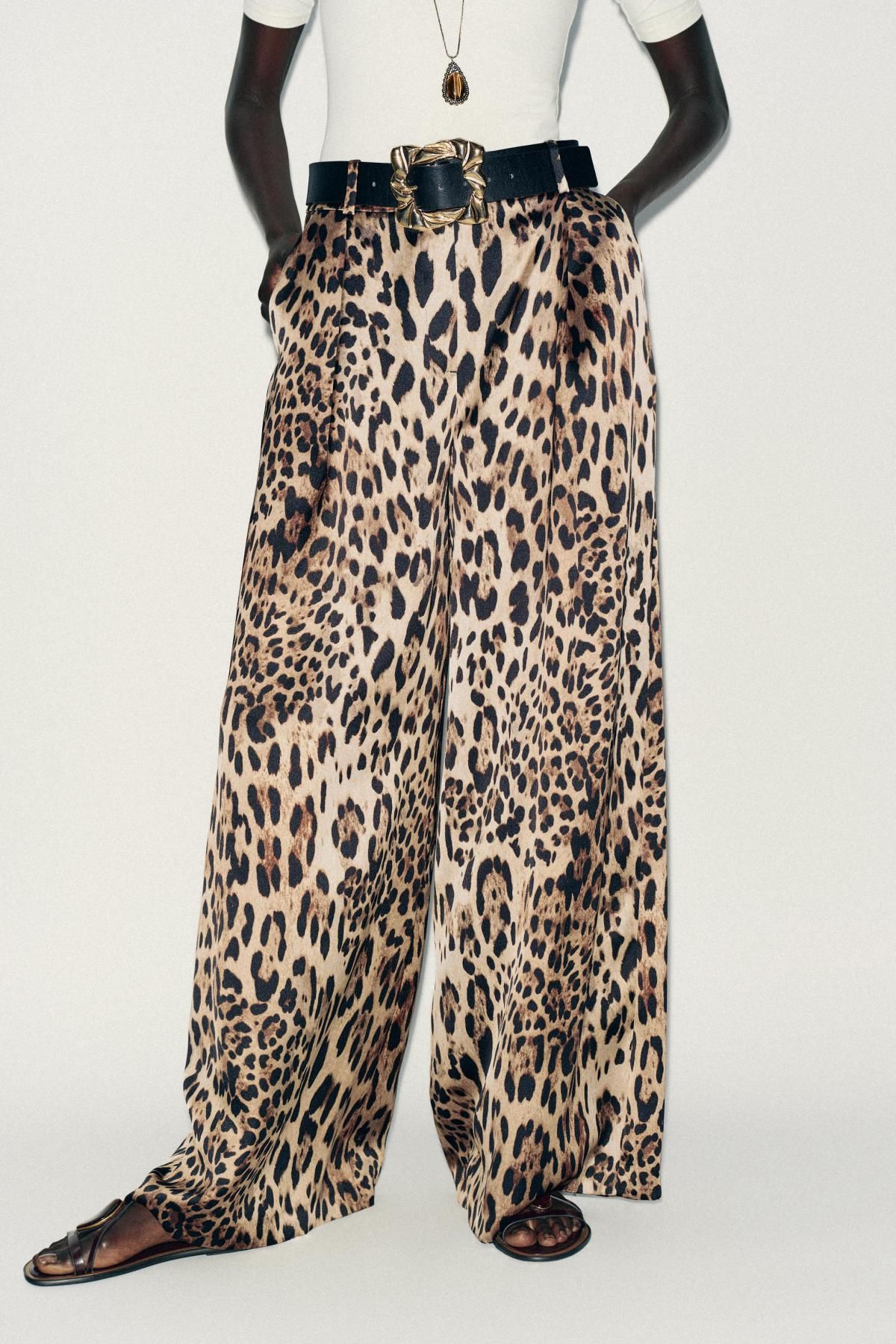 자라 애니멀 패턴 새틴 벨트 와이드 팬츠 7965/173 LEOPARD - 메인 이미지