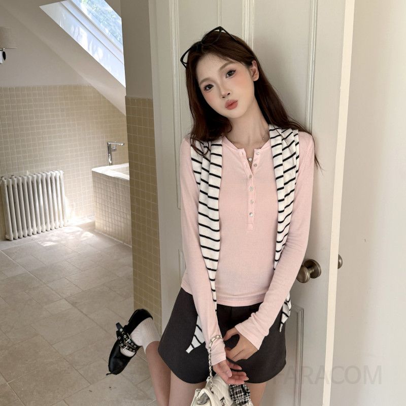 여성 긴팔 티셔츠 세련된 슬림핏 가을 스타일 레이어드 가능 캐주얼 베이스 레이어 착용감 독특한 디자인 이미지 6