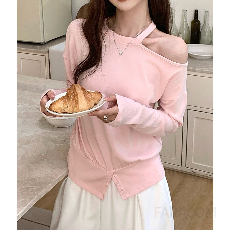 여성 긴팔 오프숄더 원숄더 티셔츠 매혹적인 핑크 레이어드 스타일 착용감 멋진 긴팔티셔츠 시크한 룩 완성 - 상세 이미지 5