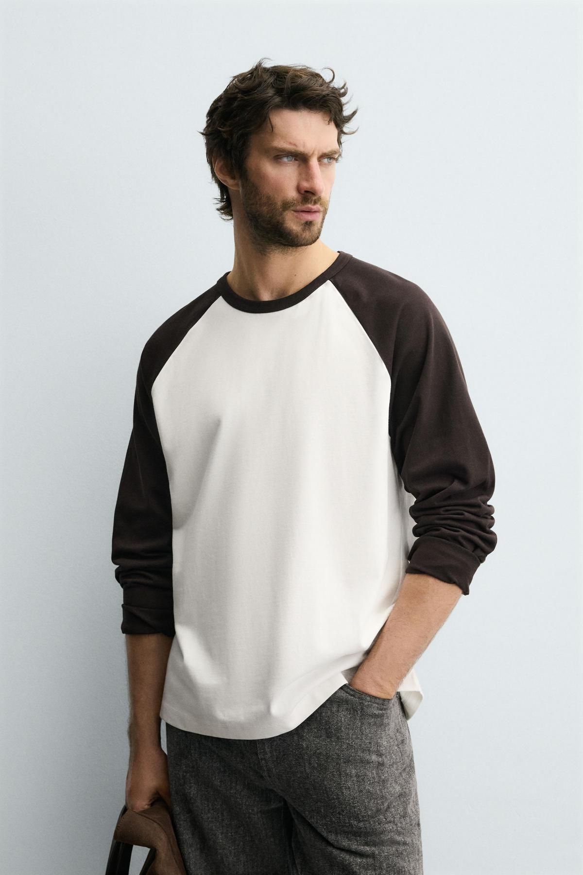자라 컬러블록 베이직 래글런 긴팔 티셔츠 1887/403 BROWN/WHITE - 상세 이미지 3