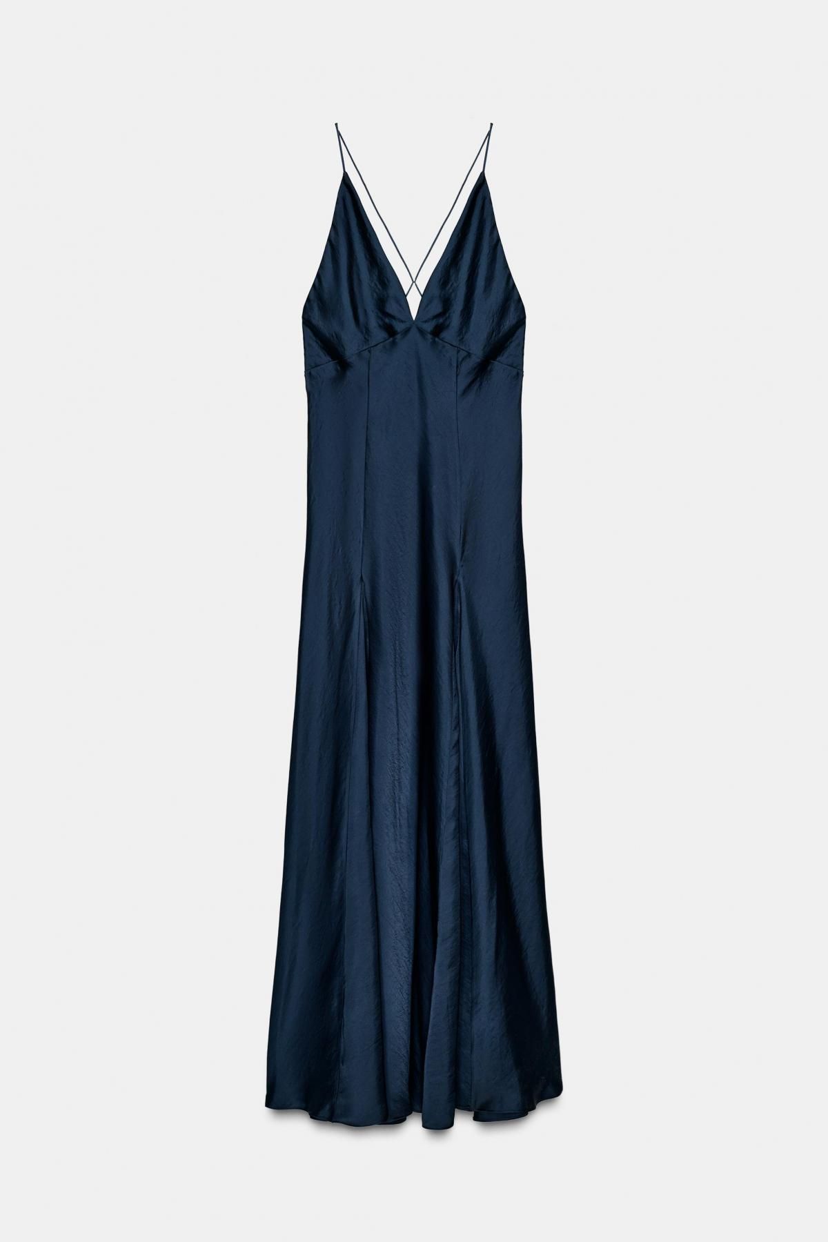 자라 럭셔리 새틴 롱 브이넥 슬립 원피스 9763/987 DARK NAVY - 상품 이미지