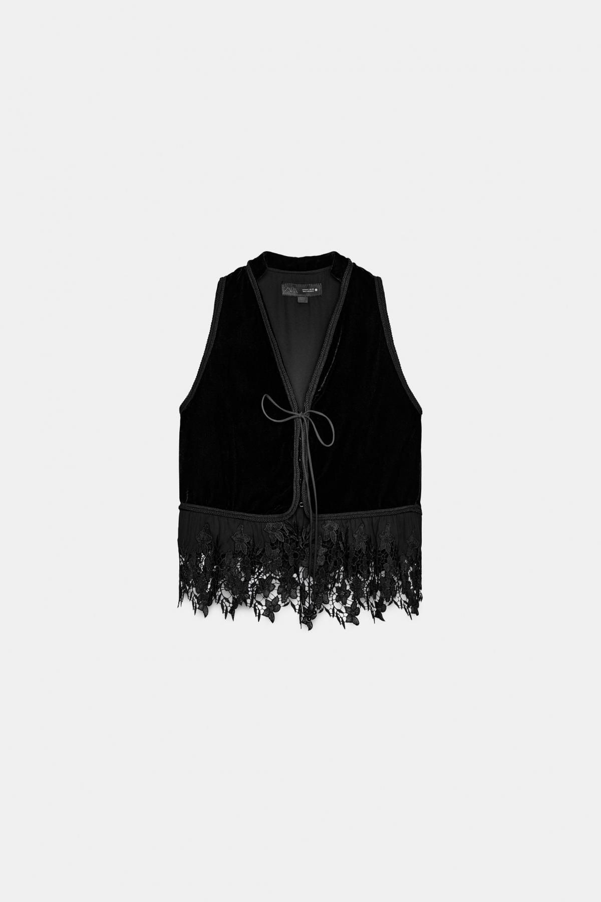 자라 한정판 벨벳 레이스 브이넥 베스트 9000/158 BLACK - 메인 이미지