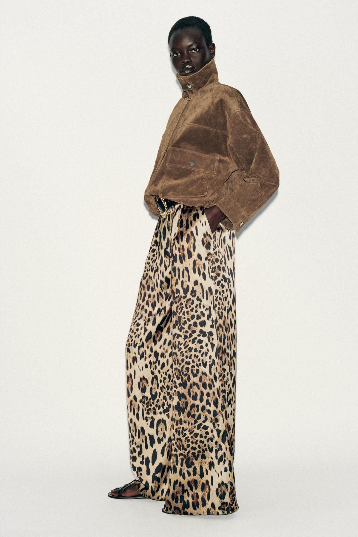 자라 애니멀 패턴 새틴 벨트 와이드 팬츠 7965/173 LEOPARD - 상세 이미지 4
