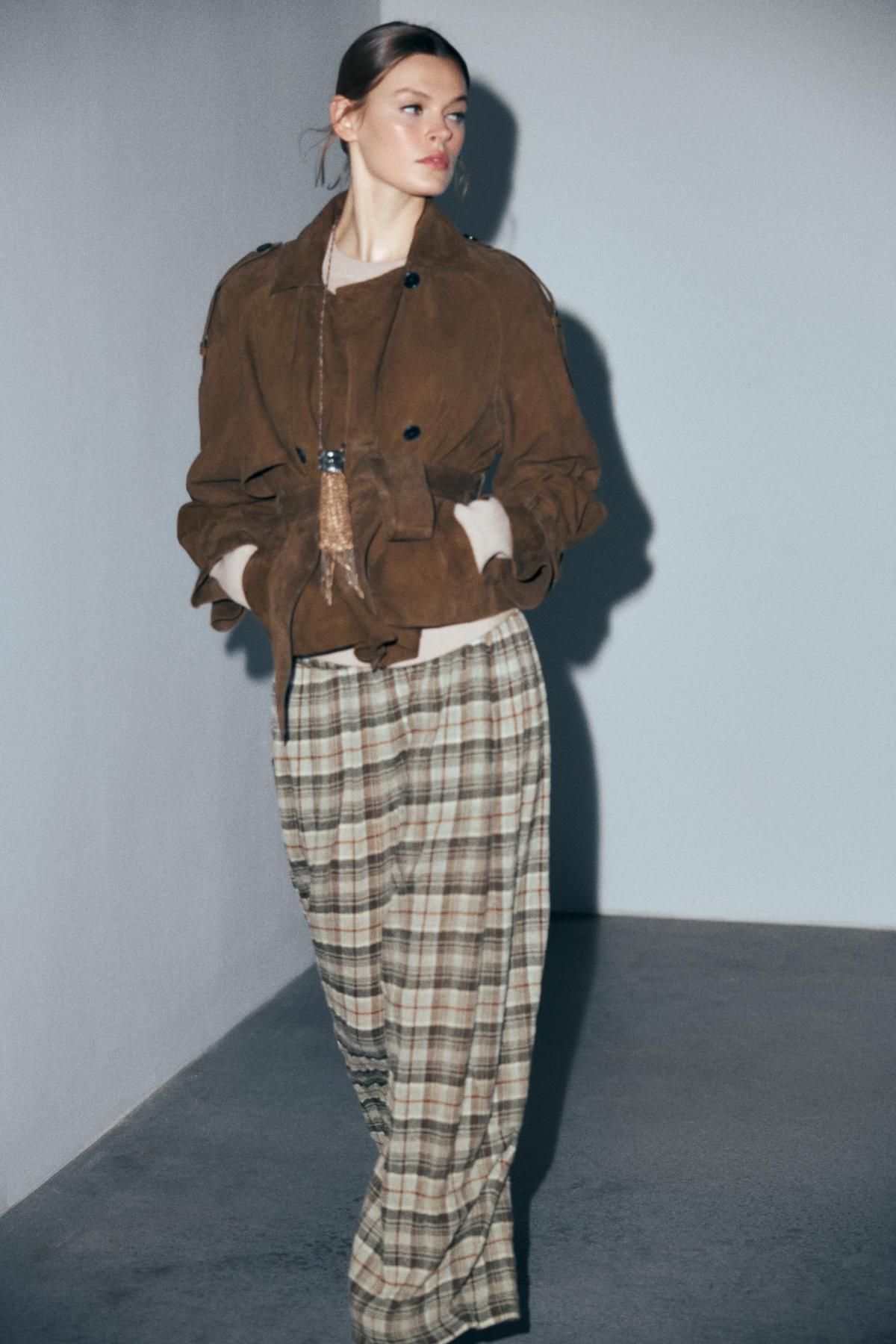 자라 체크 와이드 울혼방 밴딩 팬츠 8960/760 BEIGE - 상세 이미지 5