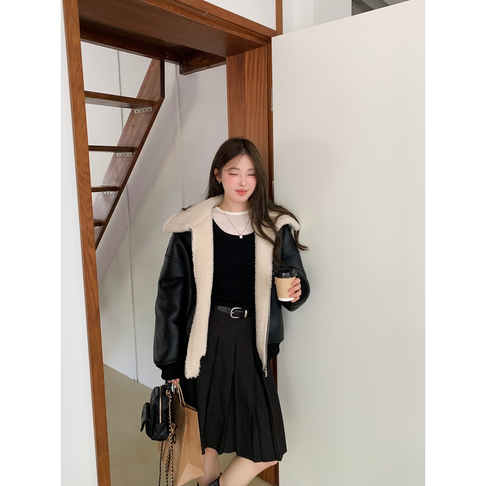 여성 무스탕 오버사이즈 라펠 양털 가죽 자켓 2color - 상세 이미지 4
