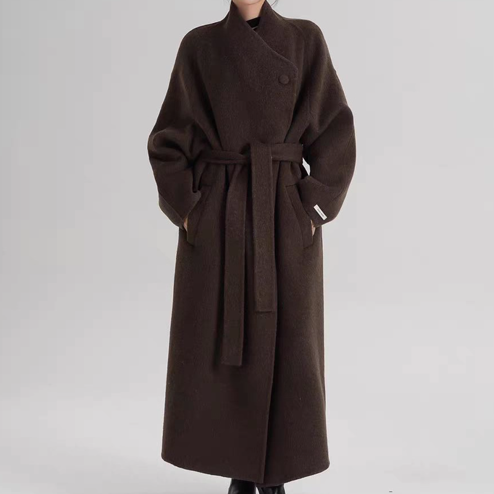 여성 울 핸드메이드 롱코트 벨트 랩코트 오버핏 브라운