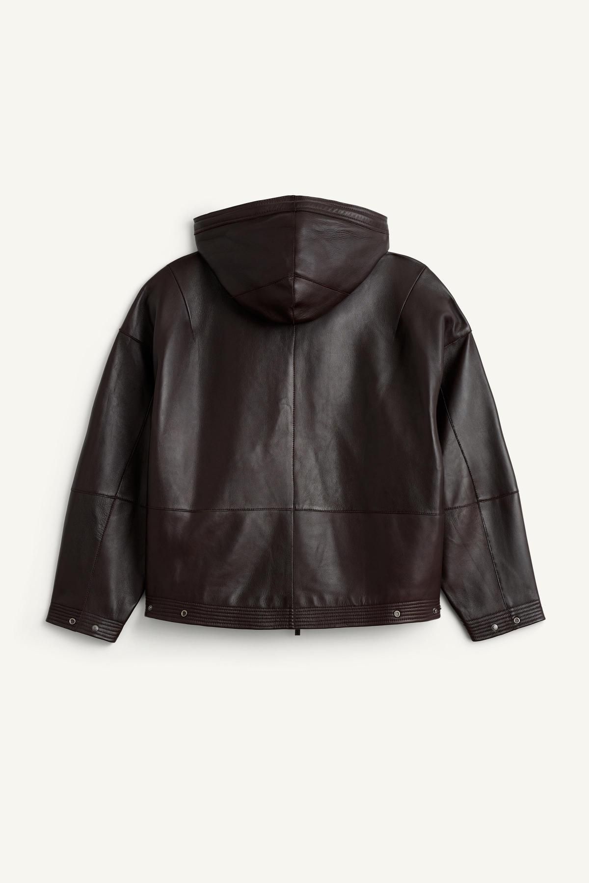 자라 박시핏 레더 후드 집업 재킷 5479/707 DARK BROWN - 상세 이미지 5