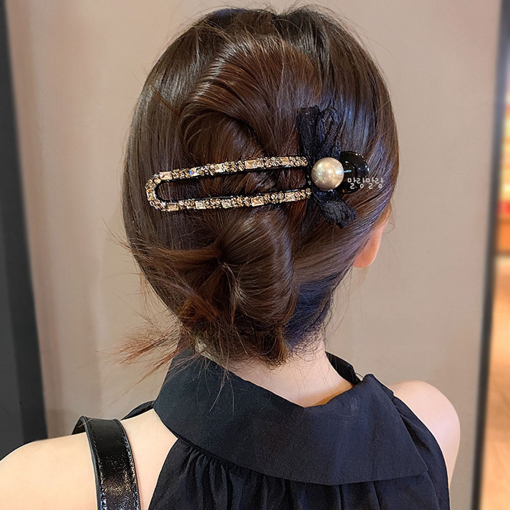 블랙 레이스 리본 악어집게핀 진주 큐빅 명품머리핀 - 상품 이미지