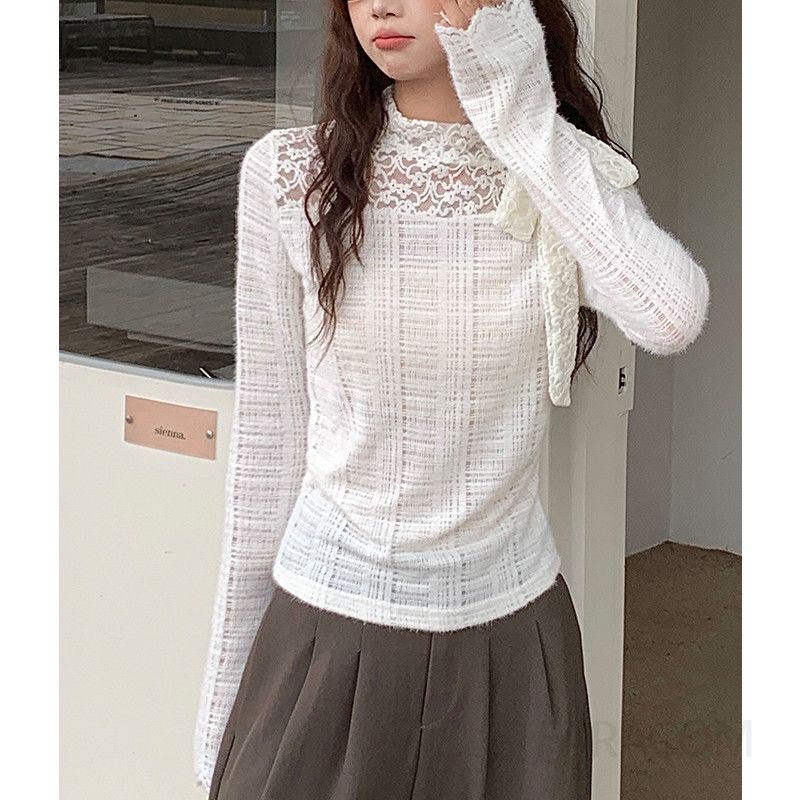 레이스 여성 긴팔티셔츠 가을용 얇은 레이어드 스타일 편안한 착용감 데일리룩 - 상세 이미지 4