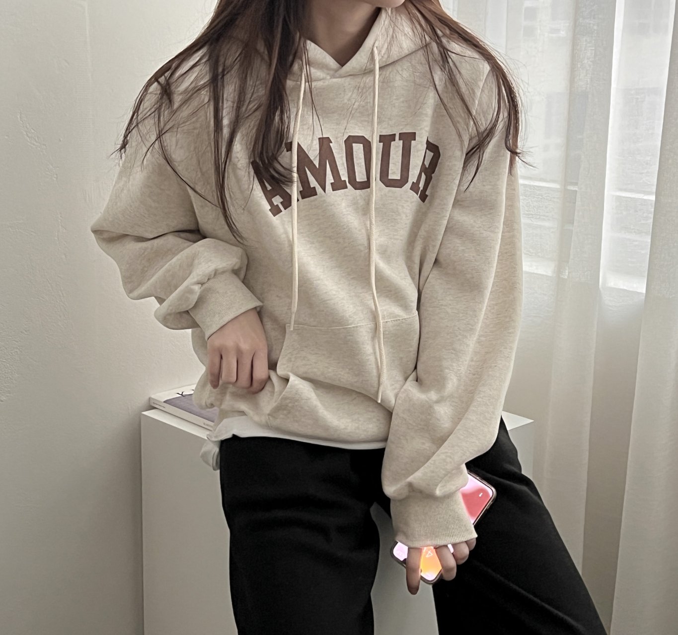 레터링후드티 여성기모후드 기모루즈핏 프렌치레터링 - 상세 이미지 2