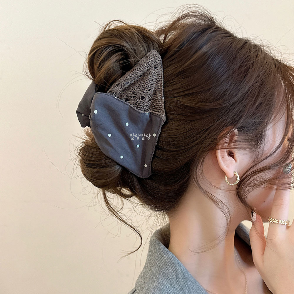 도트 그물 니트 리본집게핀 올림머리핀 예쁜 헤어핀 - 상품 이미지