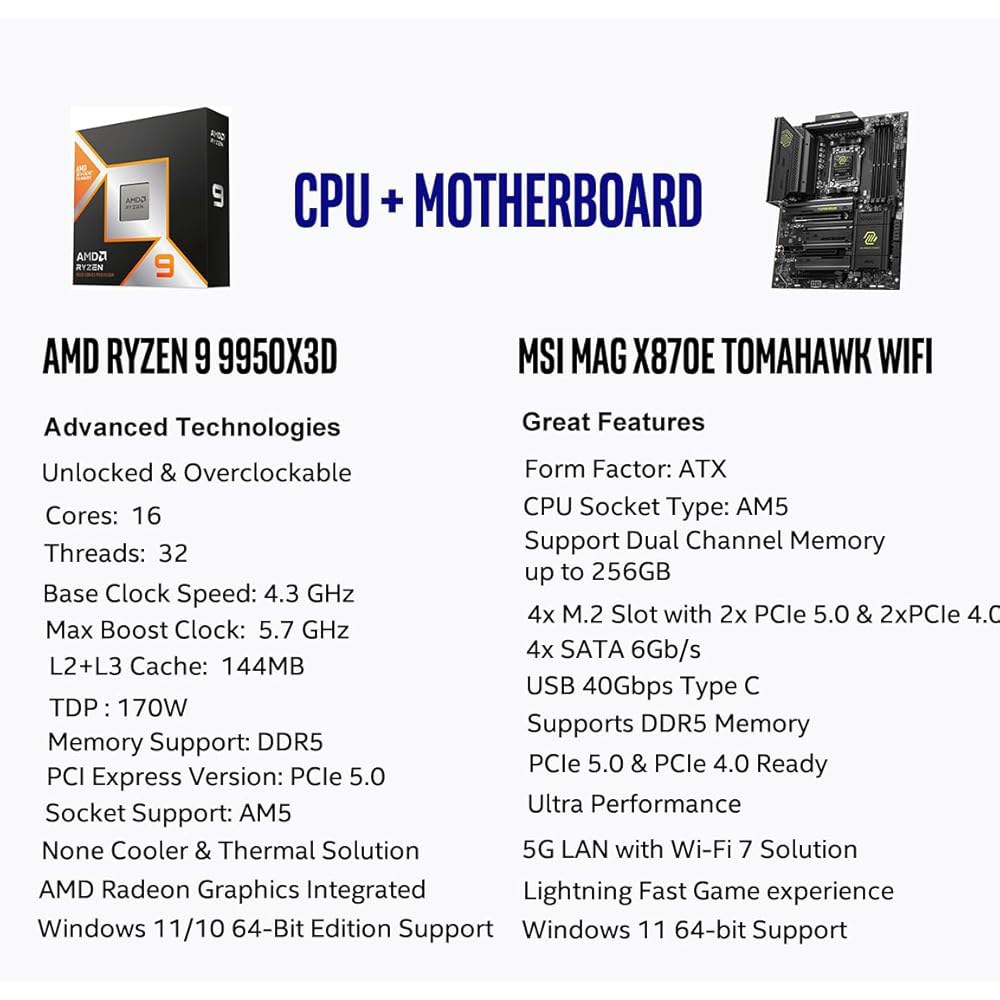 마이크로 센터 AMD Ryzen 9 9950X3D CPU 프로세서와 MSI MAG X870E 토마호크 WiFi ATX 마더보드(DDR5, PCIe 5.0, M.2 Gen5, Wi- - 상세 이미지 2