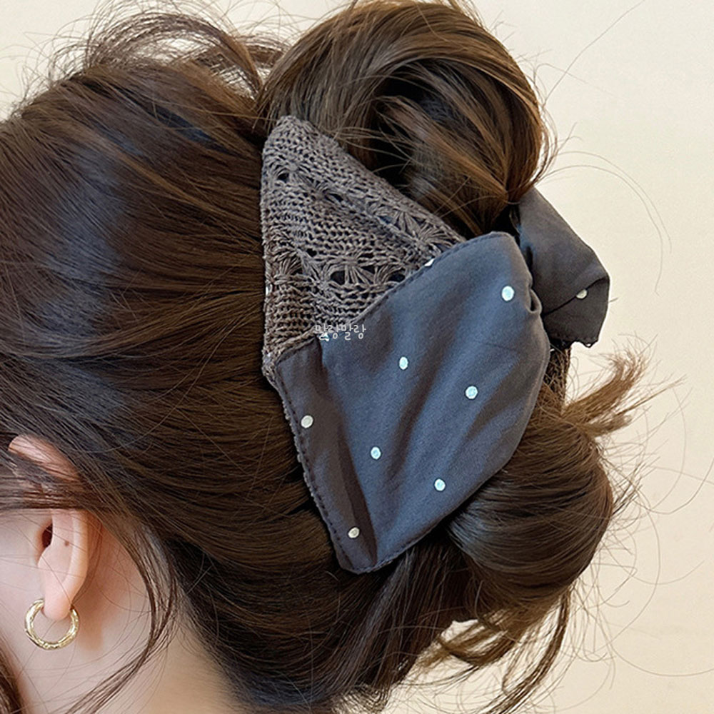 도트 그물 니트 리본집게핀 올림머리핀 예쁜 헤어핀 - 상세 이미지 2