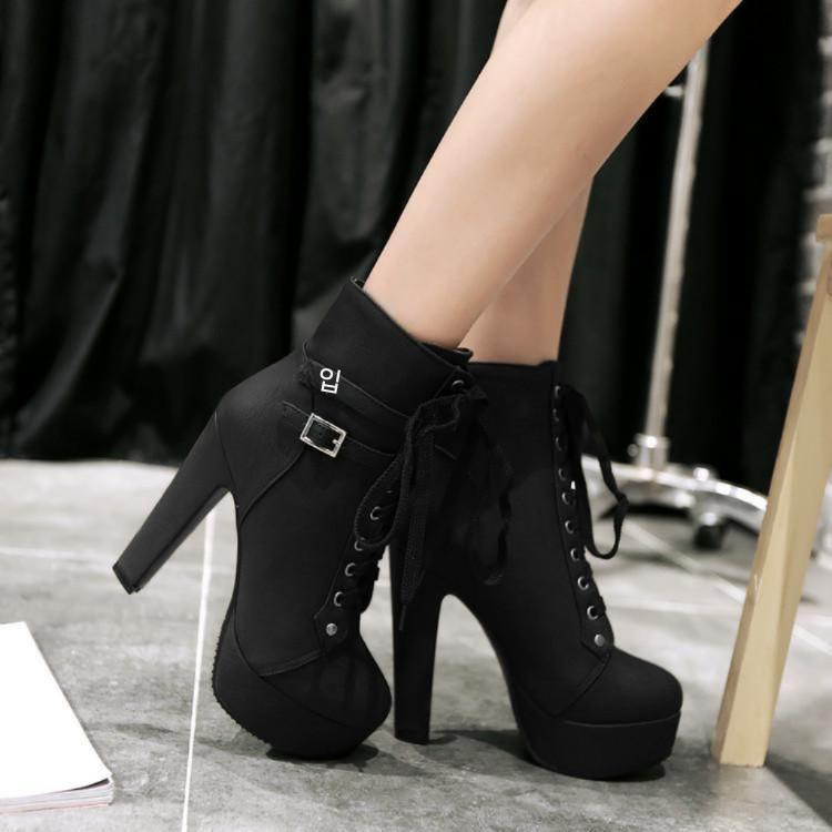 레이스업 12CM 킬힐 앵클 스틸레토 가보시 부츠 워커 플랫폼 블랙 12CM 킬힐 부츠 34 - 상세 이미지 4