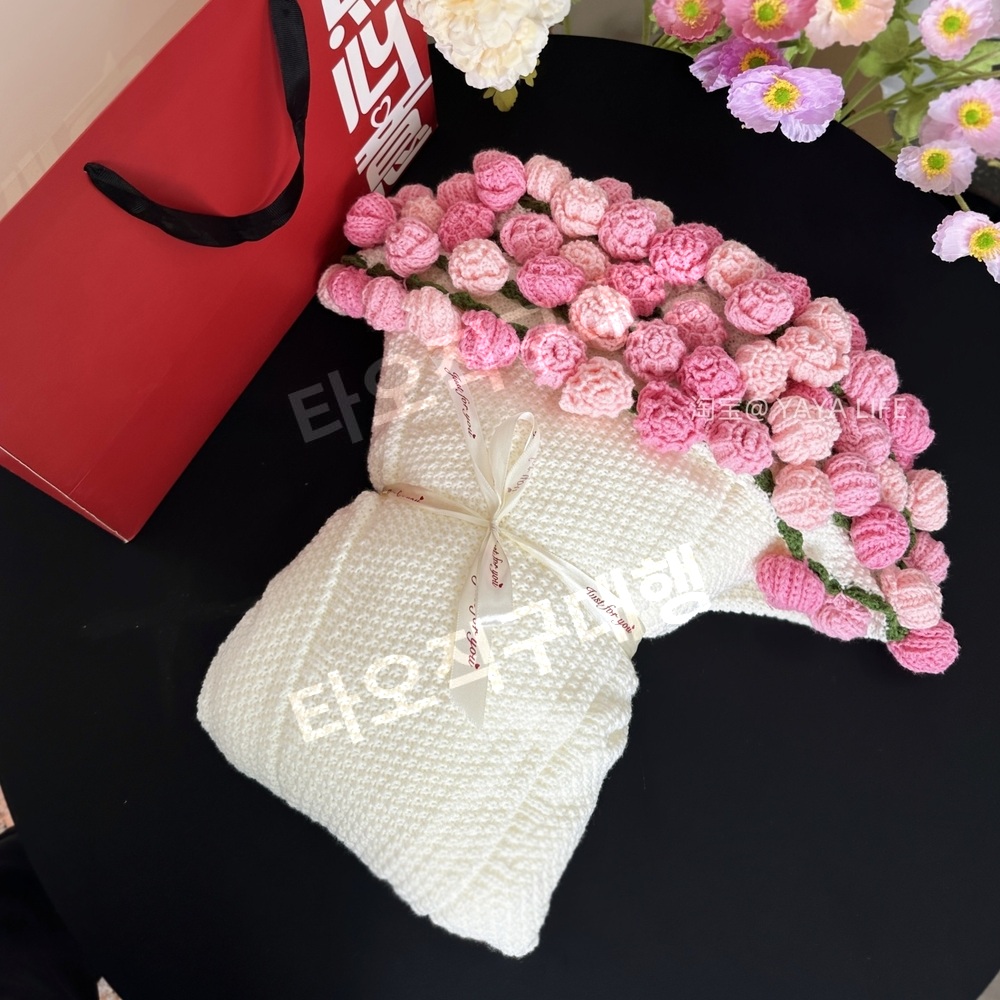 꽃다발담요 뜨개질 블랭킷뜨기 선물 DIY 뜨개꽃 블랭킷 장미 장미꽃 완제품 - 상품 이미지
