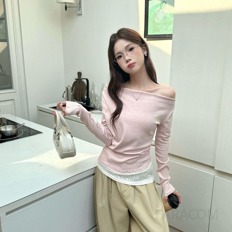 여성 오프숄더 긴팔티셔츠 가을 레이스 스타일 허리 베이스 레이어 캐주얼 룩 - 상품 이미지
