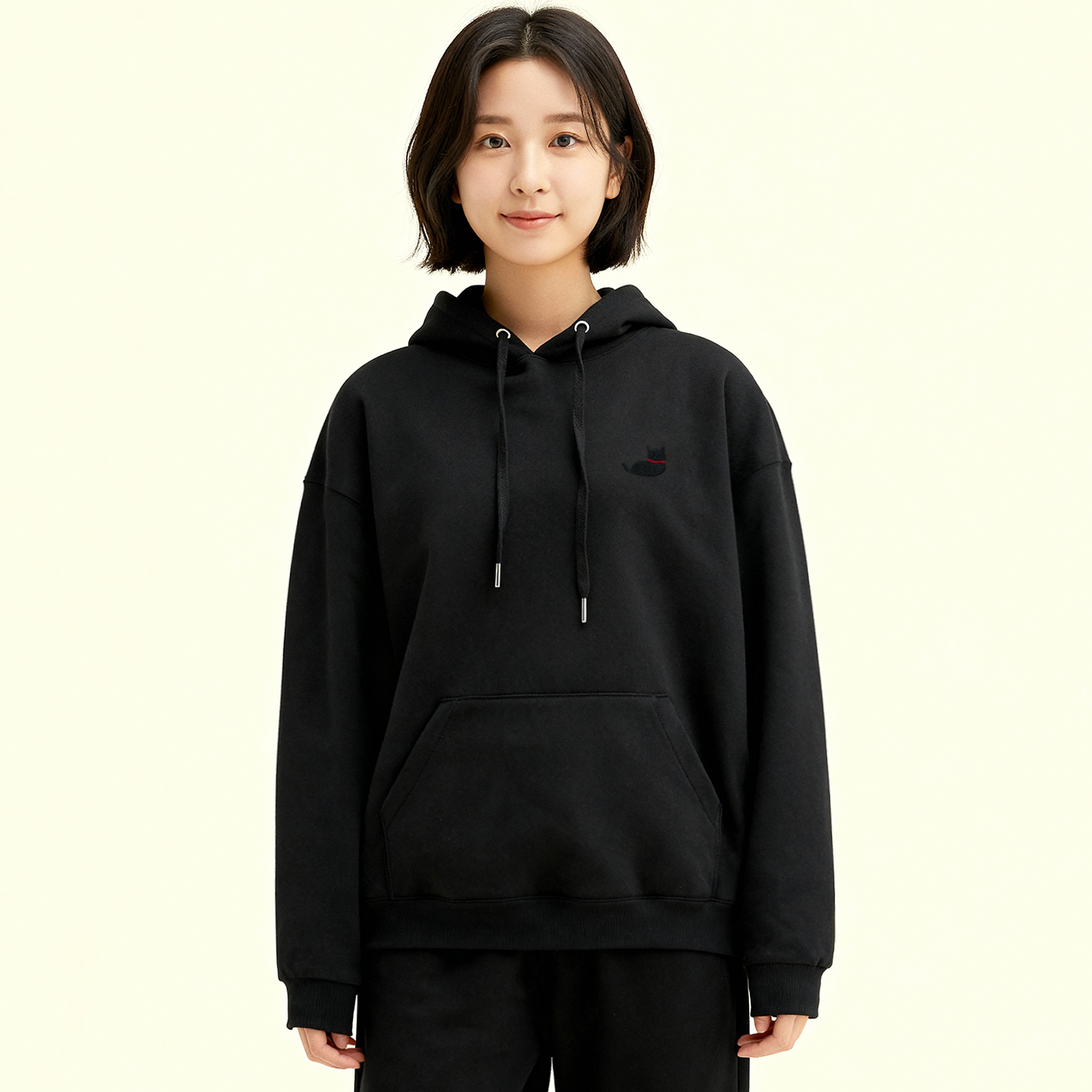 후드티 옥스타 남녀공용 검은 고양이 자수 오버핏 이미지 1