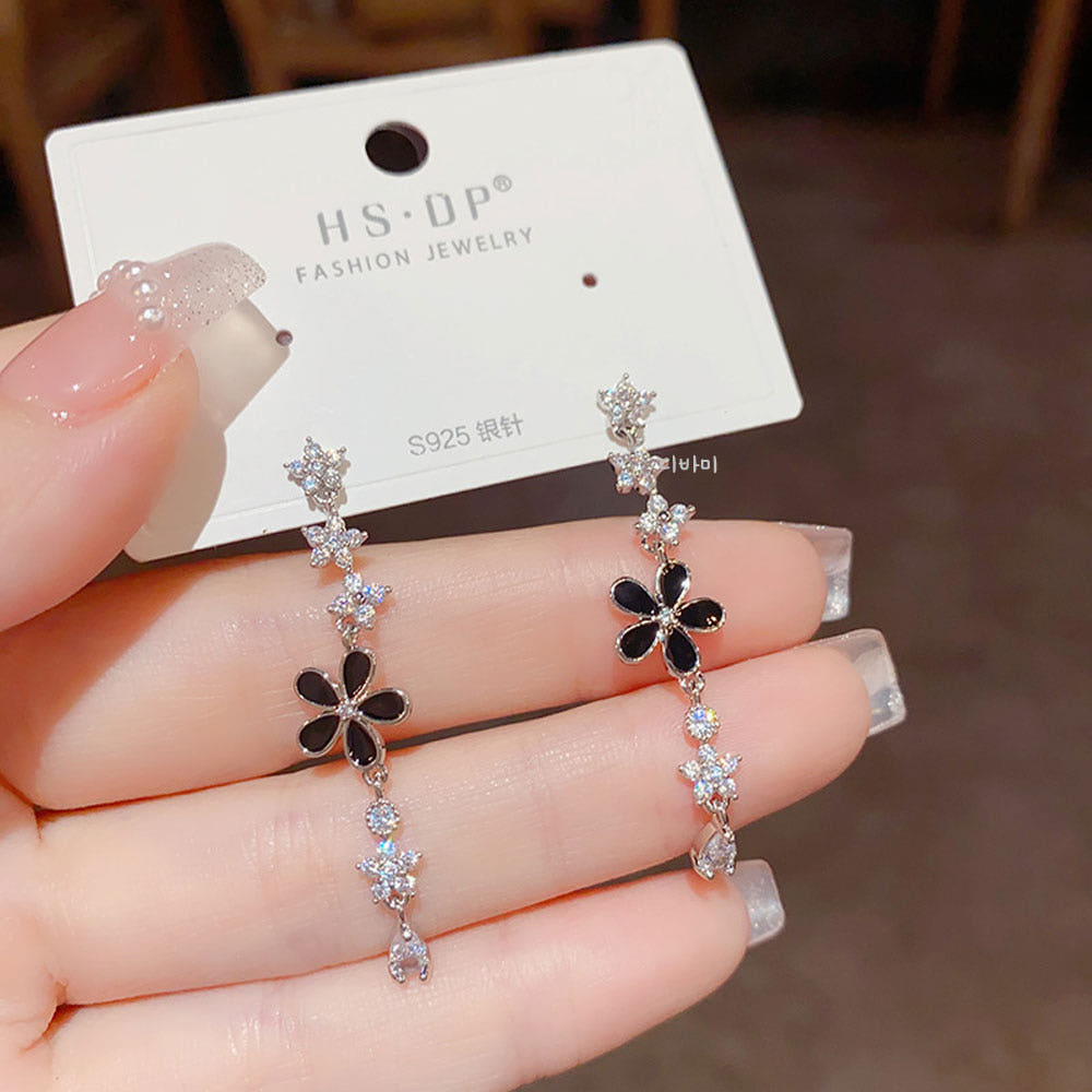 14K 우아한 블랙 플라워 롱드롭 귀걸이 태슬 꽃 귀고리 이미지 7