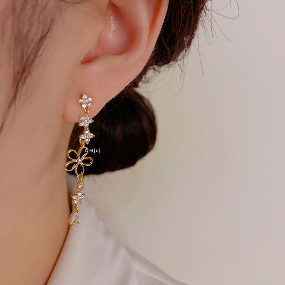 14K 우아한 블랙 플라워 롱드롭 귀걸이 태슬 꽃 귀고리 - 상세 이미지 5