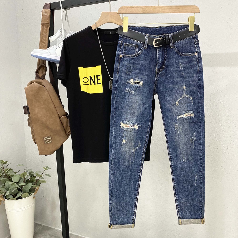 슬림핏 스판 팬츠 데님 세미 밴딩진 스키니 흑청 청바지 와이드 빅사이즈 여성 봄 - 상세 이미지 4