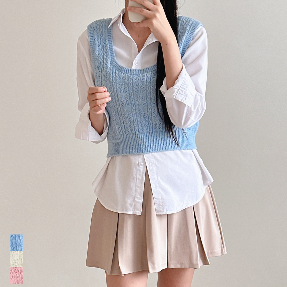 여성 뷔스티에 크롭 조끼 울 니트 펀칭 라운드넥 봄 가을 데일리룩 소라 아이보리 핑크 - 상품 이미지