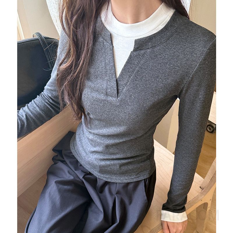 여성 긴팔 티셔츠 가을 레이어드 스타일 슬림핏 커피 컬러 캐주얼한 착용감 디자인 패션 셔츠 이미지 6