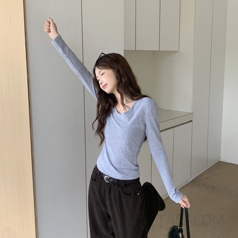 여성 초가을 슬림핏 블루 라운드넥 긴팔티셔츠 레이어드 스타일 캐주얼한 착용감 패션 유럽 감성 - 상세 이미지 5