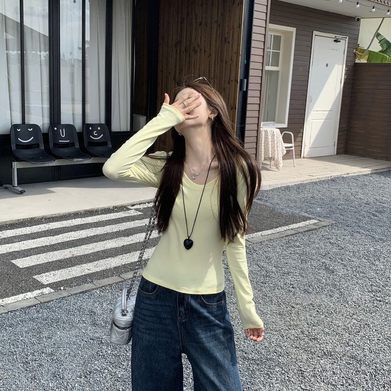 여성 초가을 슬림핏 블루 라운드넥 긴팔티셔츠 레이어드 스타일 캐주얼한 착용감 패션 유럽 감성 - 상세 이미지 4