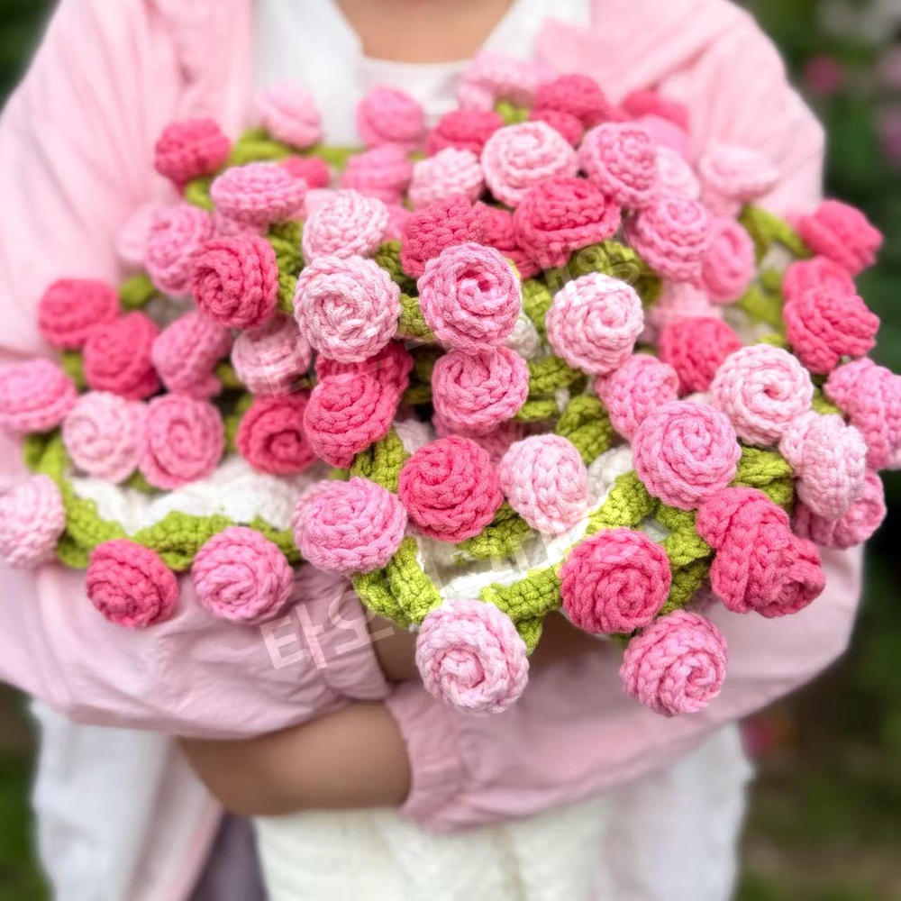꽃다발담요 블랭킷뜨기 뜨개질 뜨게꽃 뜨개꽃 완제품 블랭킷 선물 뜨개꽃다발 장미 - 상품 이미지