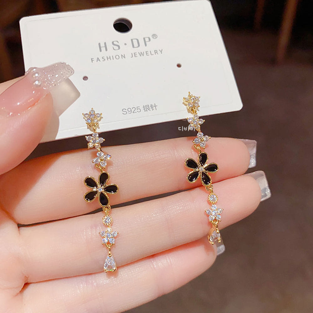 14K 우아한 블랙 플라워 롱드롭 귀걸이 태슬 꽃 귀고리 이미지 6