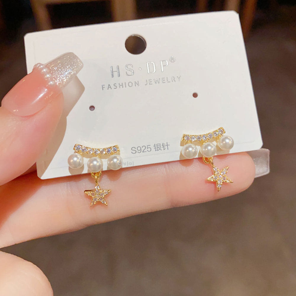 14K 트리플 진주 별 귀걸이 드롭 포인트 여자 무알러지 이어링 이미지 7
