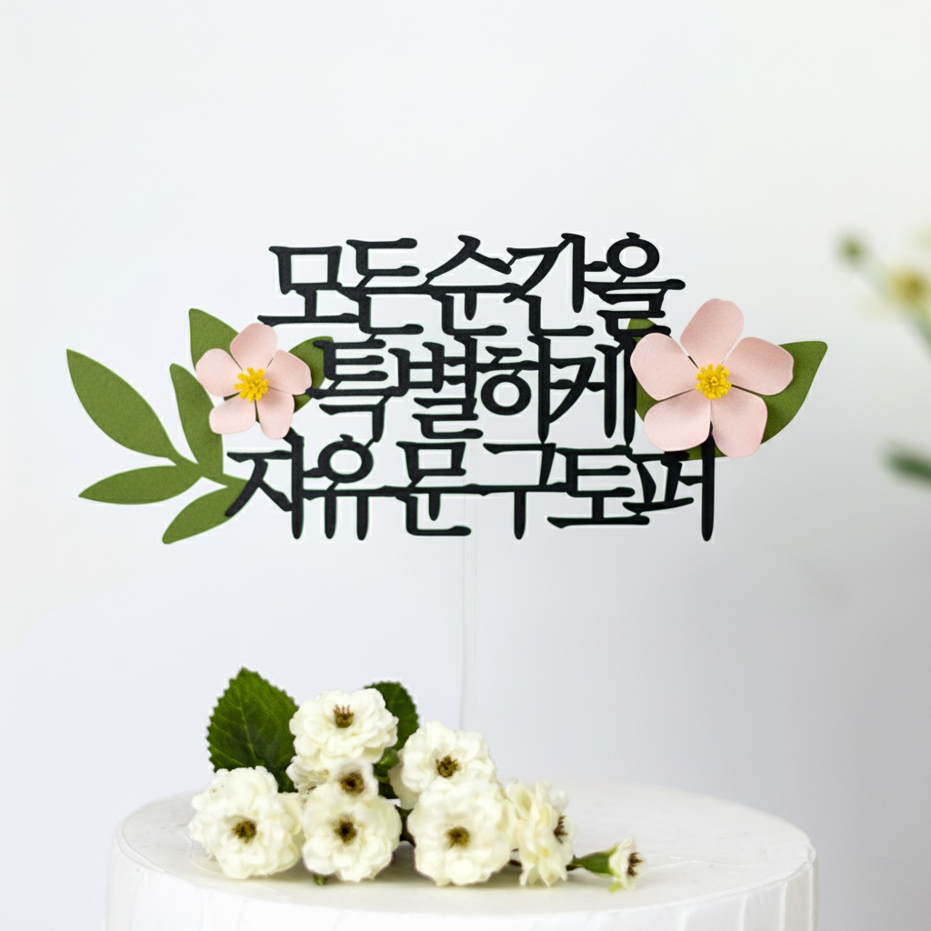 케이크토퍼 제작 환갑 생일 기념일 자유문구 플라워토퍼 두송이꽃 빨강 15자 제품 이미지