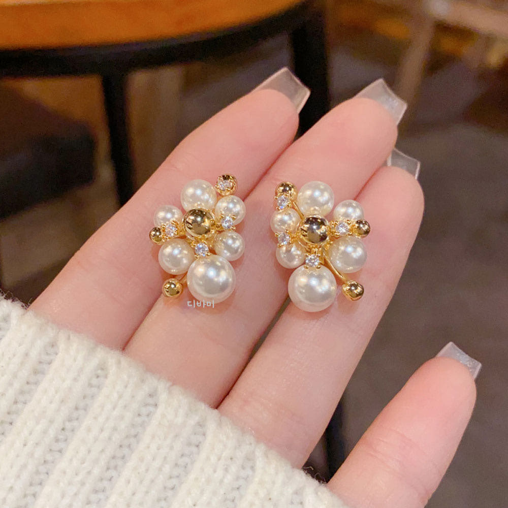 우아한 진주 꽃송이 골드 메탈볼 이어링 14K 고급 귀걸이 이미지 8
