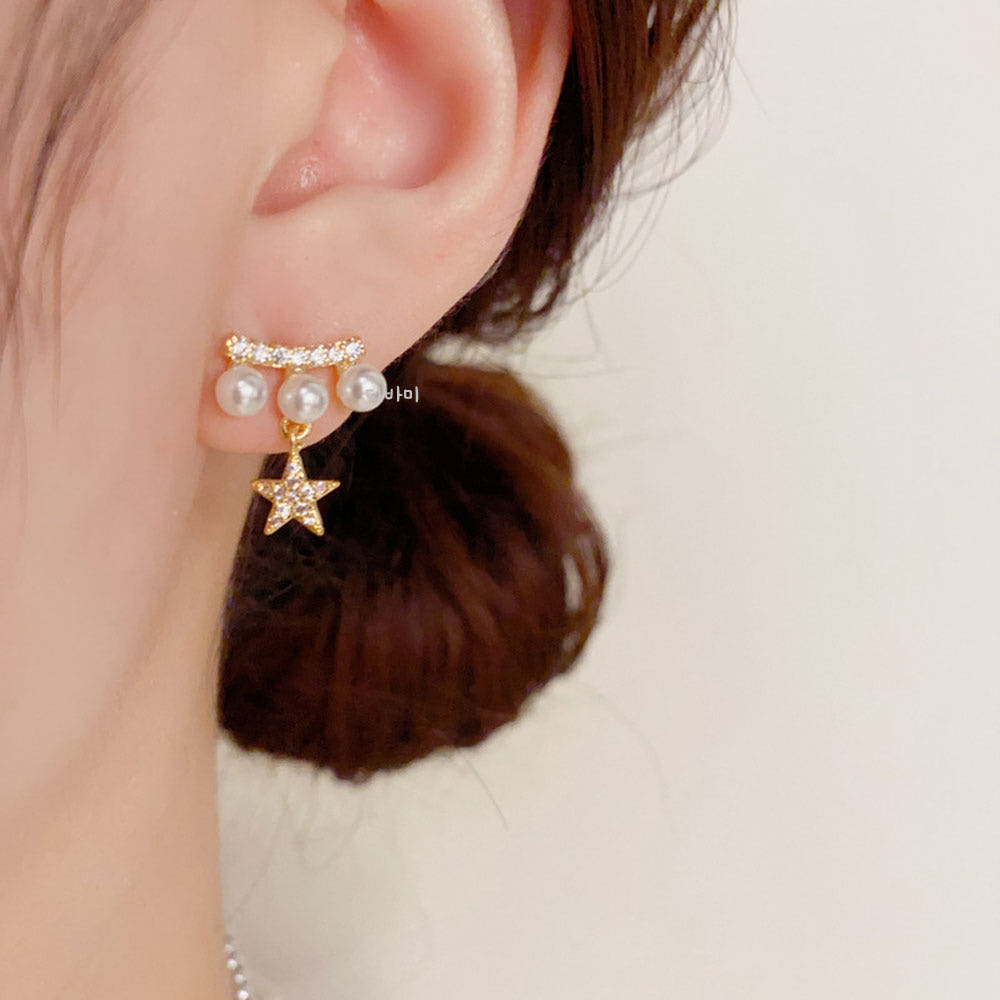 14K 트리플 진주 별 귀걸이 드롭 포인트 여자 무알러지 이어링 이미지 6