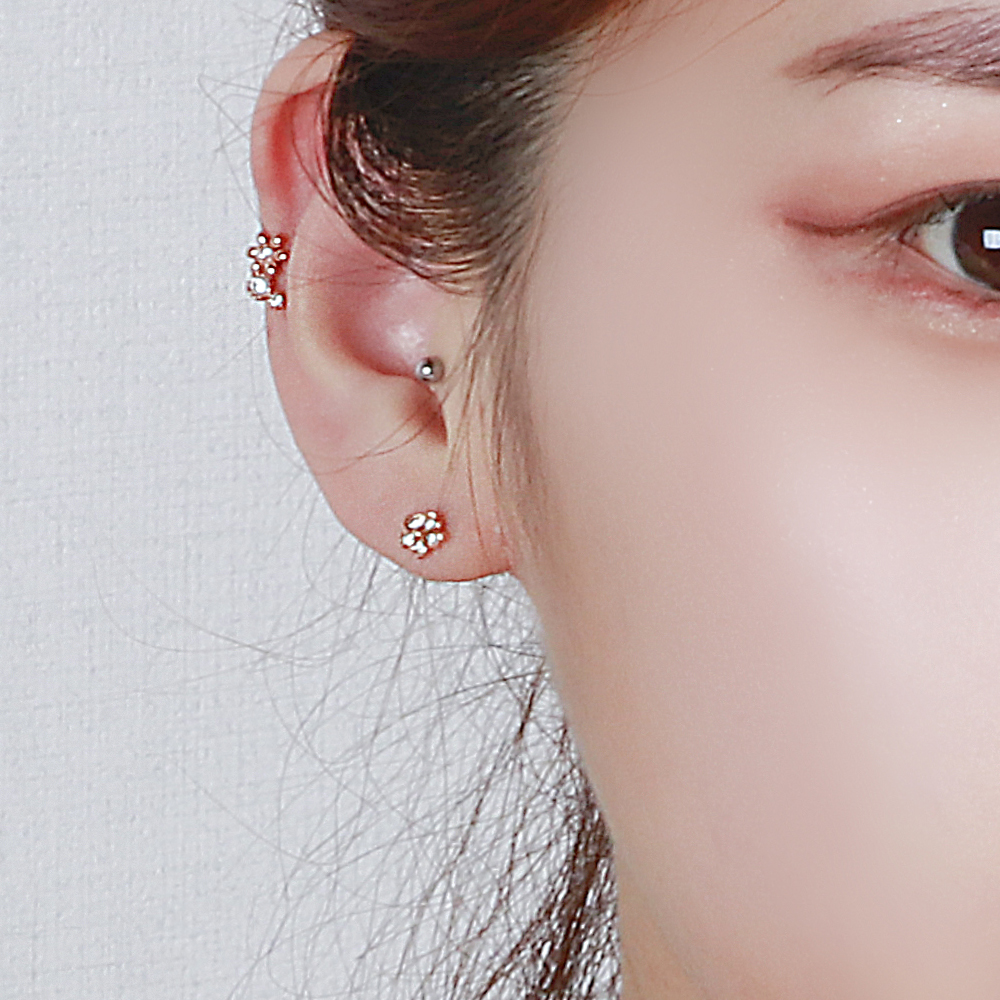 14k 18k 꽃 잎 플라워 큐빅 금 피어싱 큐티 미니 볼 스틱 귀걸이 - 상세 이미지 5