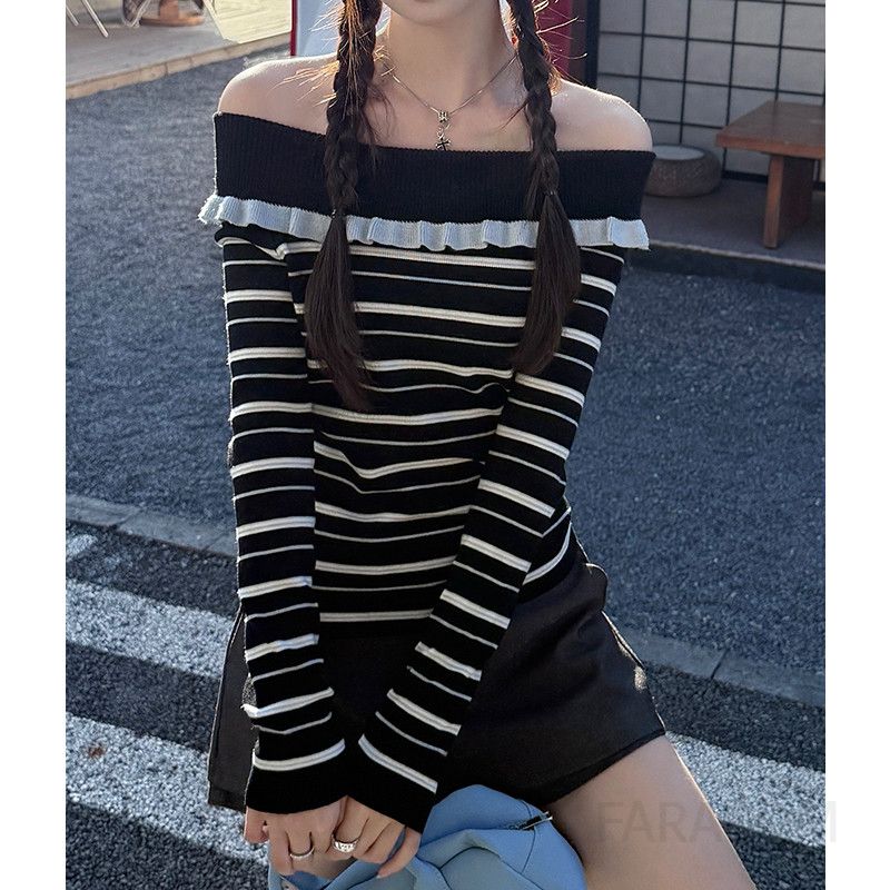 여성 슬림핏 스트라이프 니트 스웨터 초가을용 긴팔 오프숄더 스타일 캐주얼한 착용감 가을 패션 모던한 디자인 - 상세 이미지 4