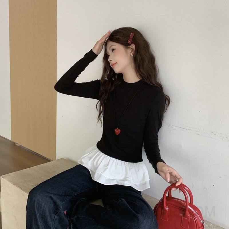 여성 레이스 긴팔티셔츠 슬림핏 이너 레이어 가을용 스타일 발레풍 디자인 캐주얼 착용감 좋은 활용도 높은 패션 - 상세 이미지 2