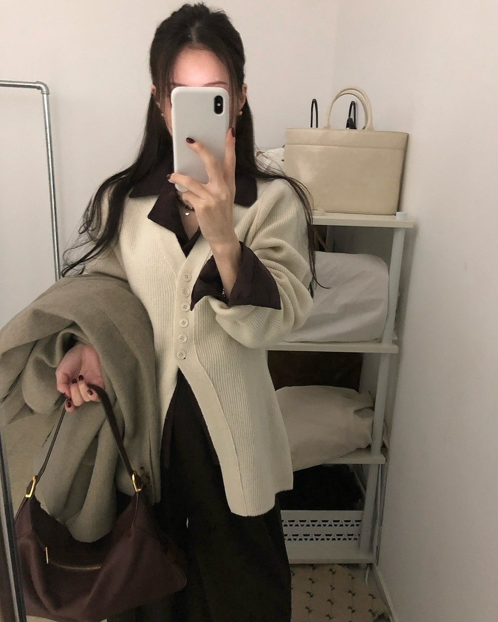 퍼드 여성 겨울 레이어드 이너 브이넥 골지 울 라인 가디건 - 상세 이미지 3