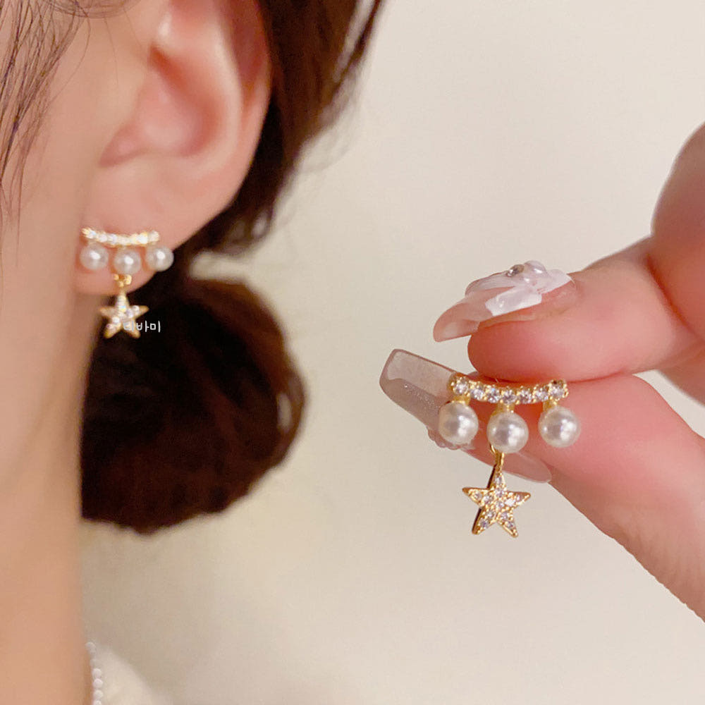 14K 트리플 진주 별 귀걸이 드롭 포인트 여자 무알러지 이어링 - 상세 이미지 4