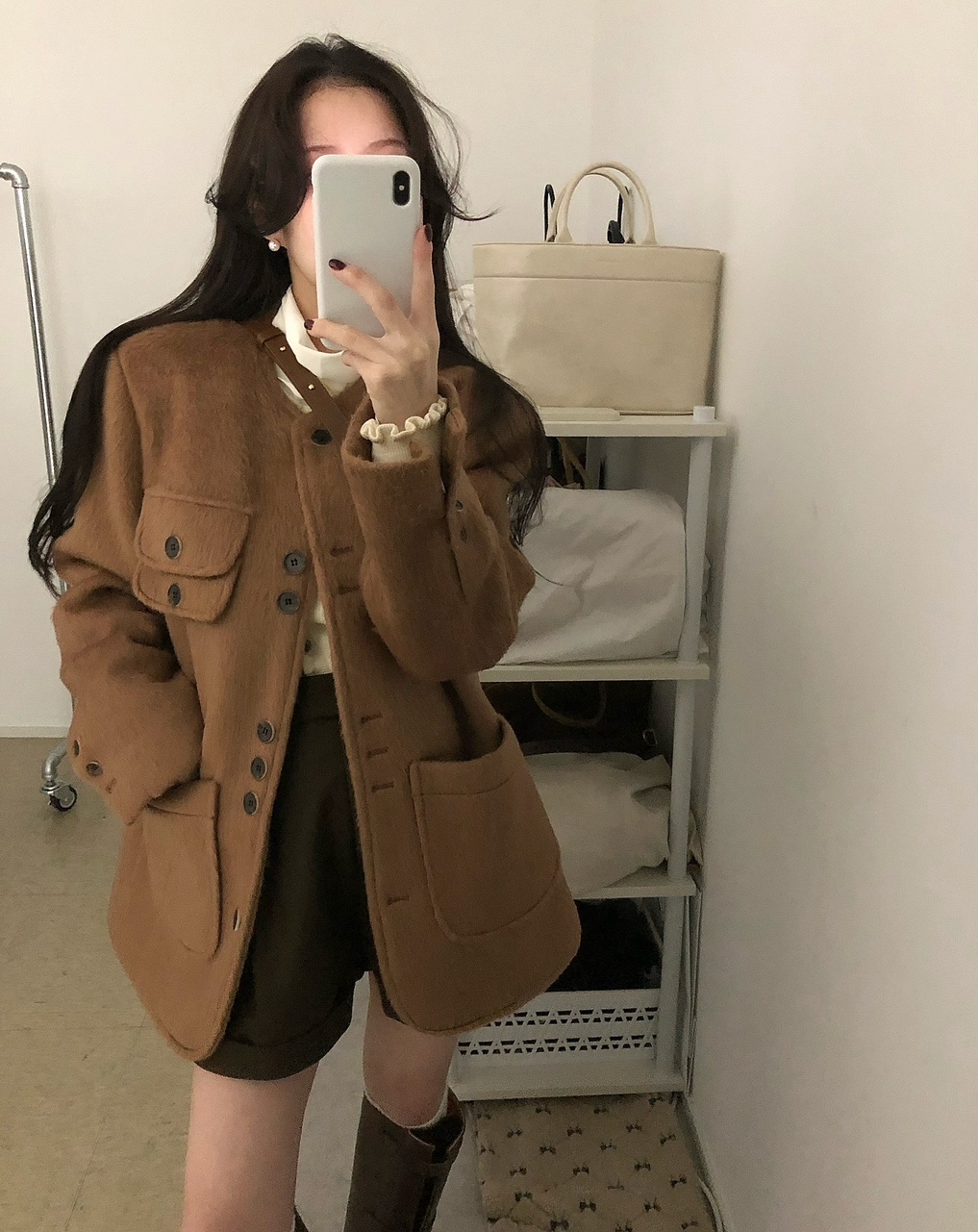 보킨 여성 겨울 울 오버핏 루즈핏 노카라 라운드 누빔 자켓 - 상세 이미지 2
