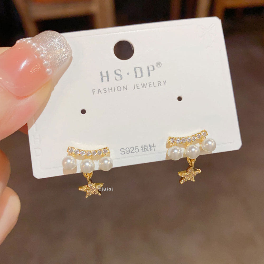 14K 트리플 진주 별 귀걸이 드롭 포인트 여자 무알러지 이어링 이미지 8
