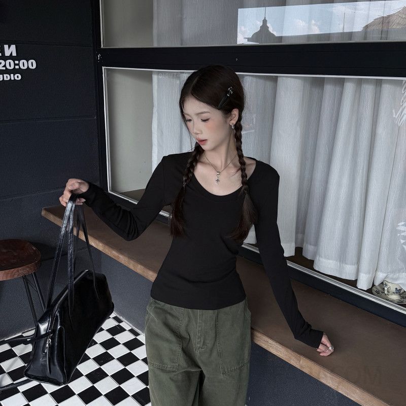 여성 초가을 슬림핏 블루 라운드넥 긴팔티셔츠 레이어드 스타일 캐주얼한 착용감 패션 유럽 감성 - 상세 이미지 3