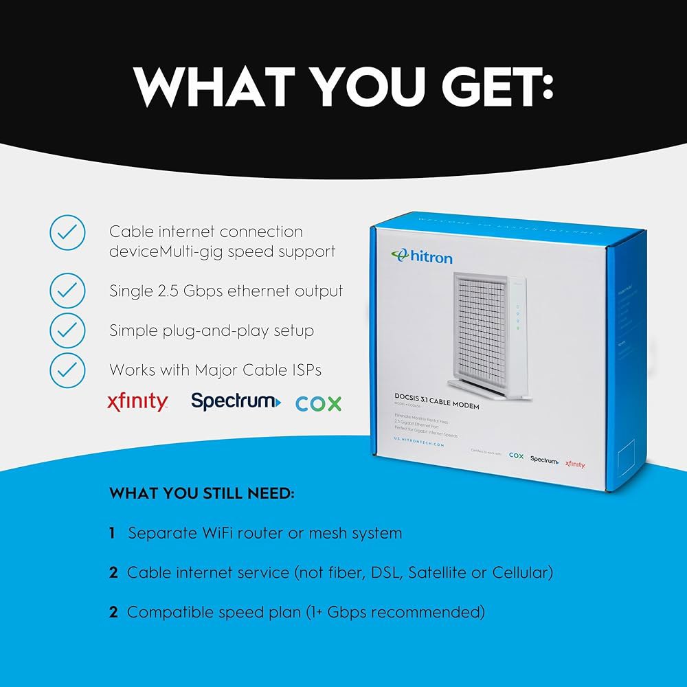 Hitron CODA56 멀티 기가비트 DOCSIS 3.1 모뎀 | 최대 인터넷 속도 2.5Gbps Xfinity, Charter Spectrum, Cox 인증 이더넷 케이블 전용 - 상세 이미지 2