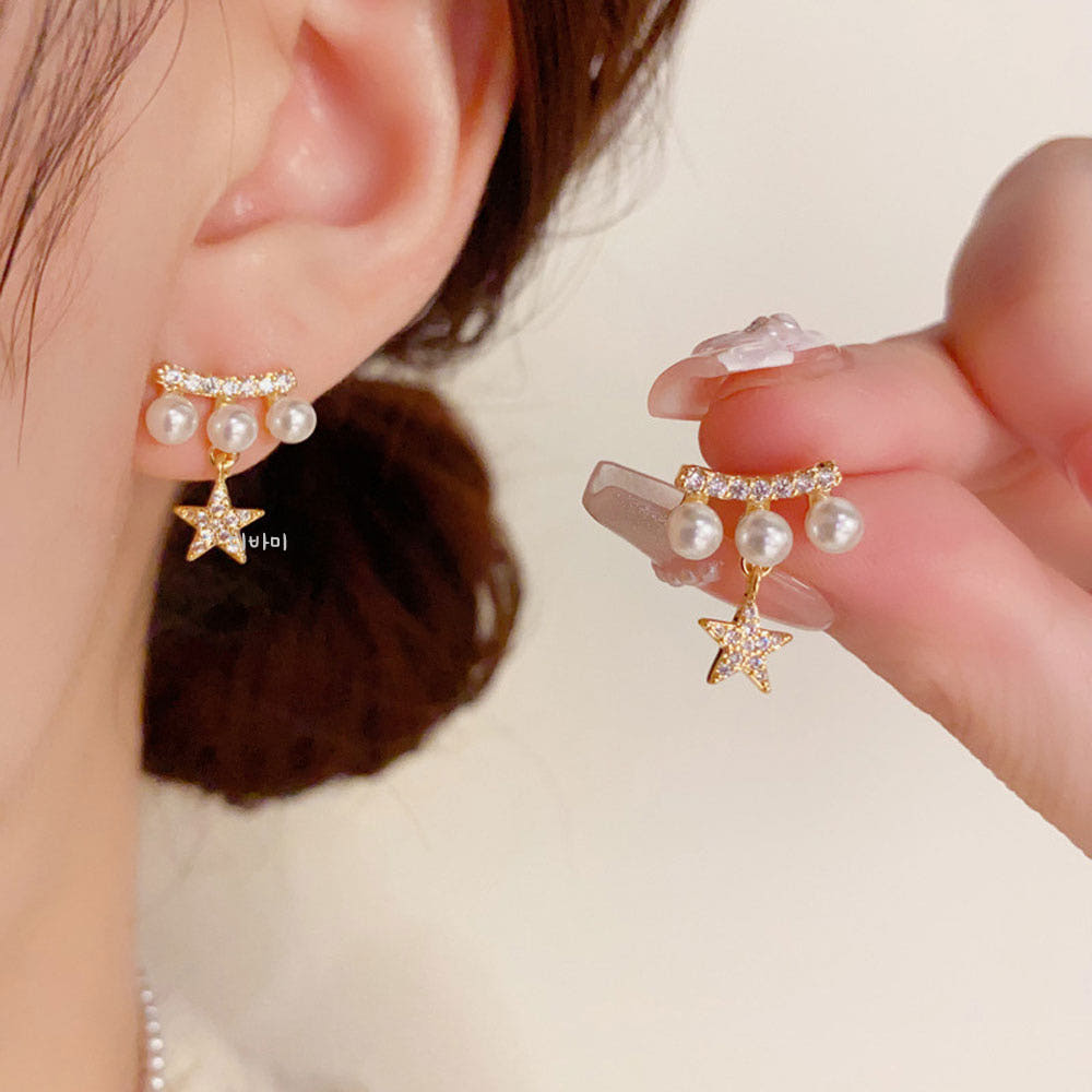 14K 트리플 진주 별 귀걸이 드롭 포인트 여자 무알러지 이어링 - 메인 이미지