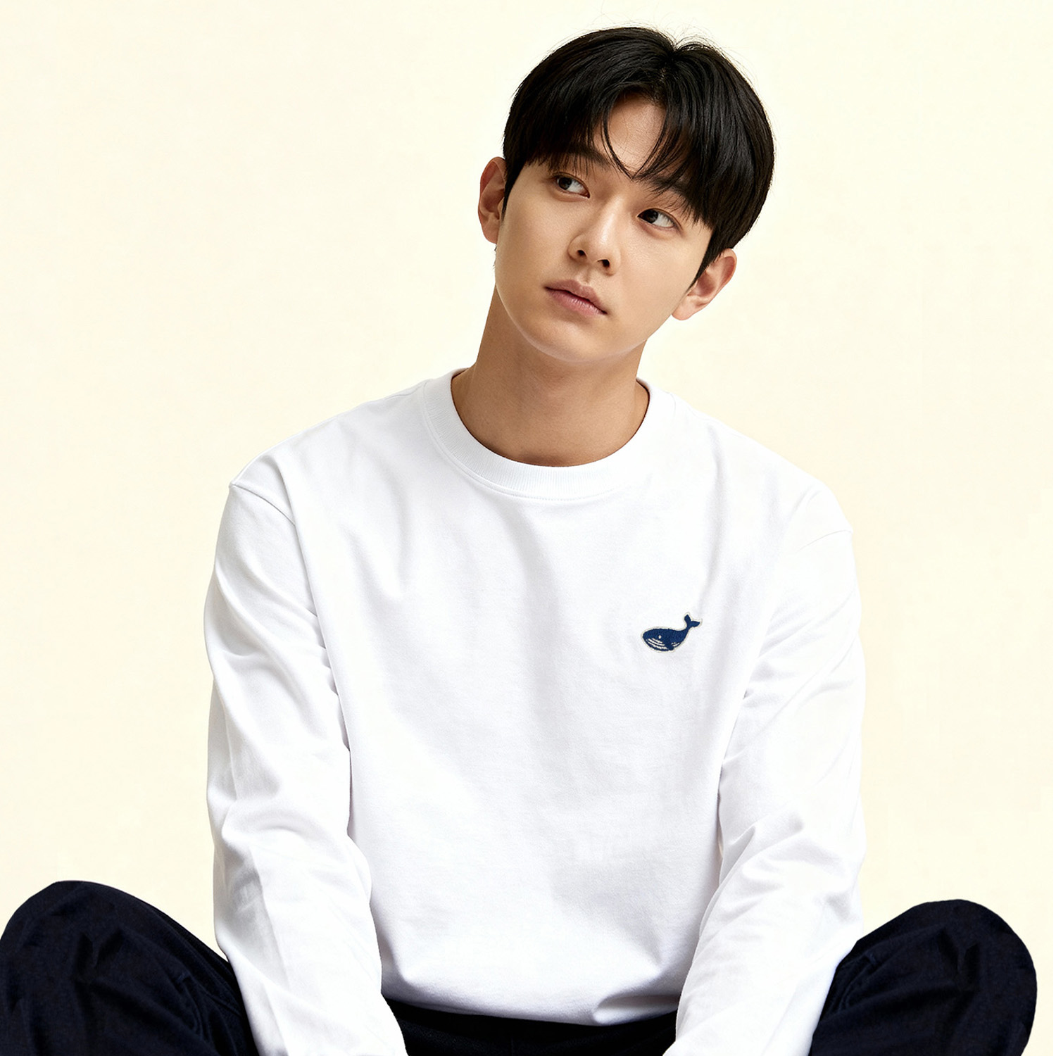 긴팔 티셔츠 옥스타 남녀공용 미니 웨일 자수 크루넥 오버핏 이미지 1