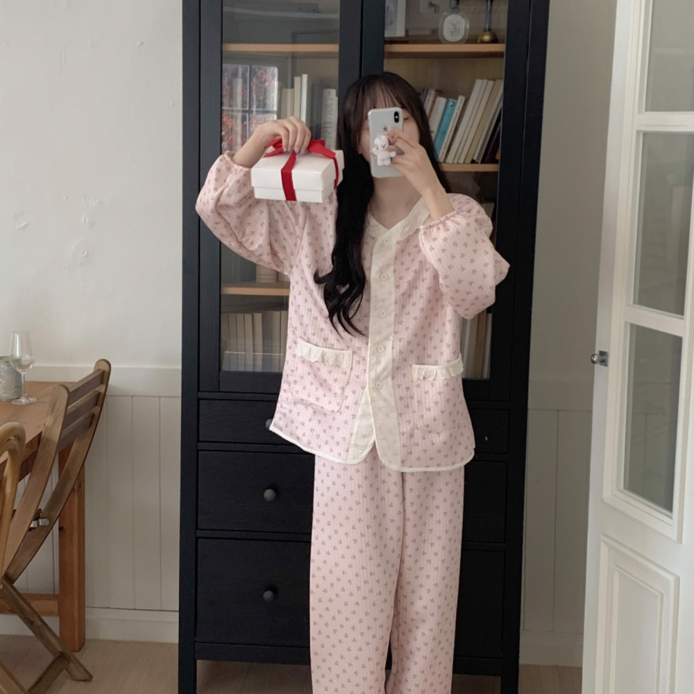 누빔잠옷 수면잠옷세트 겨울파자마 노카라 레이스 파자마파티 홈웨어 - 상세 이미지 5